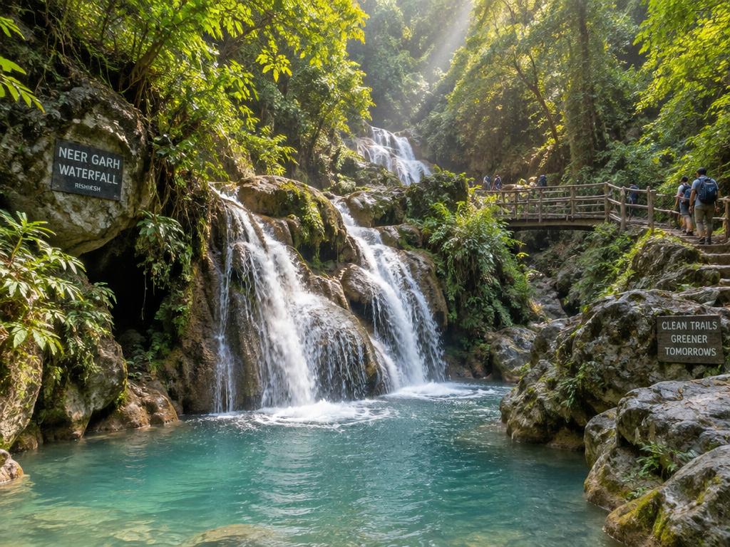 Neer Garh Waterfall near Rishikesh — turquoise pool in a forest gorge