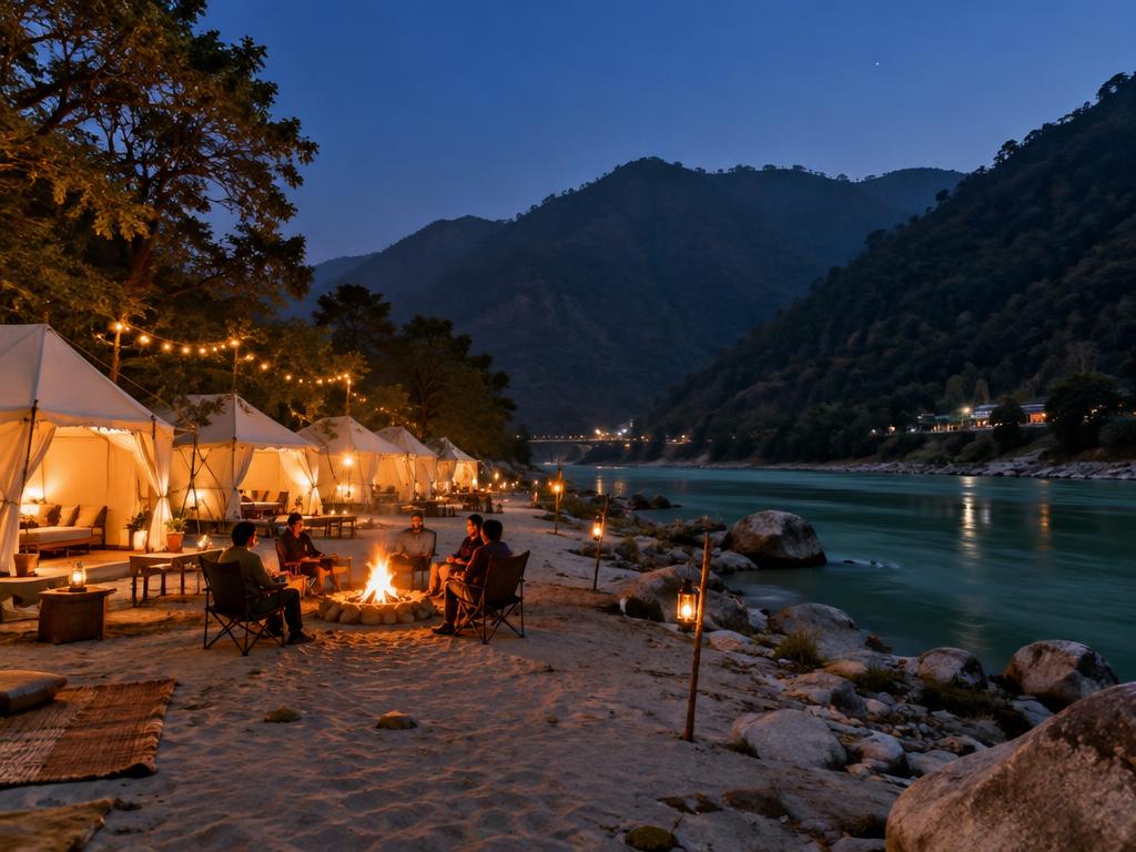 Riverside camping near Rishikesh — lit safari tents and a bonfire by the Ganges at dusk