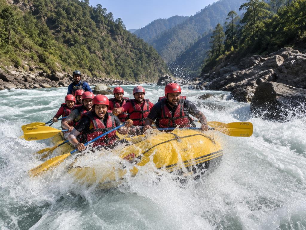 White-water rafting on the Ganges at Shivpuri, Rishikesh — raft in foaming rapids