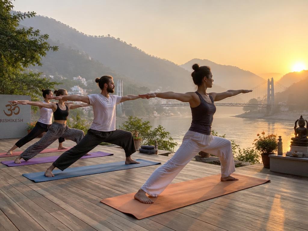 Sunrise yoga session overlooking the Ganges in Rishikesh
